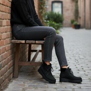 Eileen Fisher Kenille Black suede Genuine Shearling Trim Wedge Bootie size 5